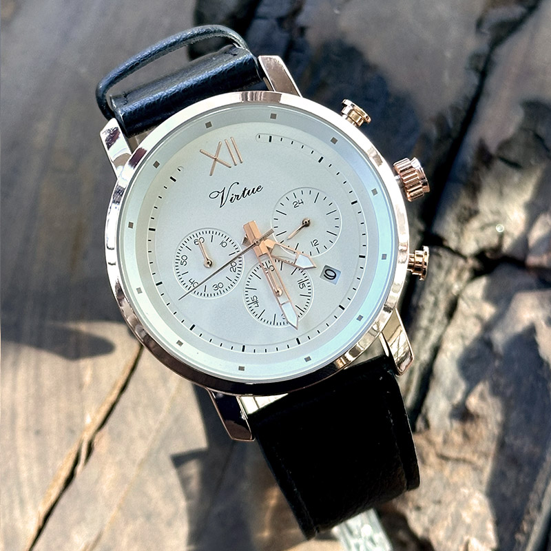 Многофункциональные деловые часы Virtue с календарем, ремешком из нержавеющей стали и кожи, корпусом из сплава, водонепроницаемостью 3ATM, кварцевым механизмом. - Virtue