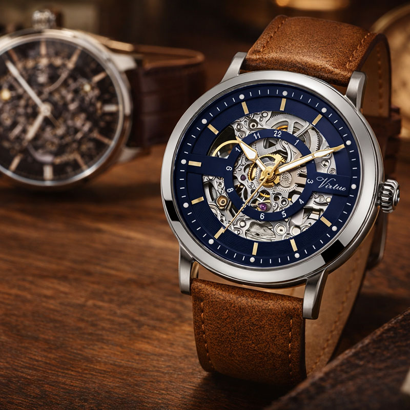 Наручные часы из натуральной кожи, водонепроницаемые, многофункциональные, модные мужские часы с автоматическим механическим механизмом. - Virtue