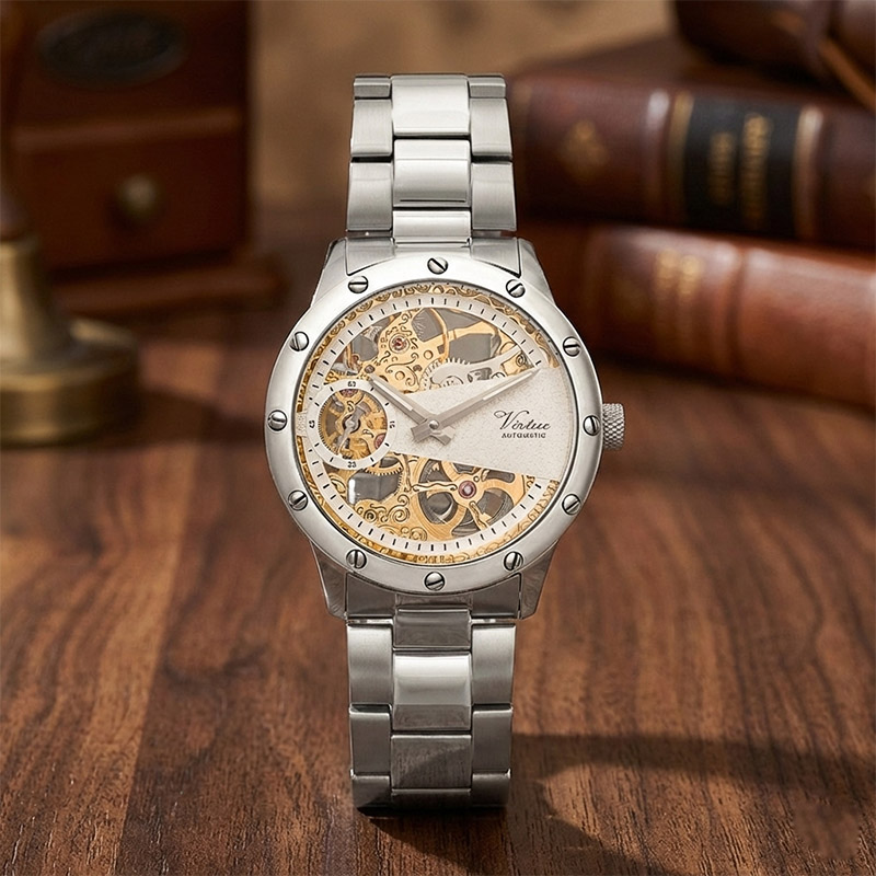 Дизайн под собственной торговой маркой, индивидуальный логотип, нержавеющая сталь, высокое качество, часы, прозрачная задняя крышка, автоматические механические наручные часы, Relojes Hombre - Virtue