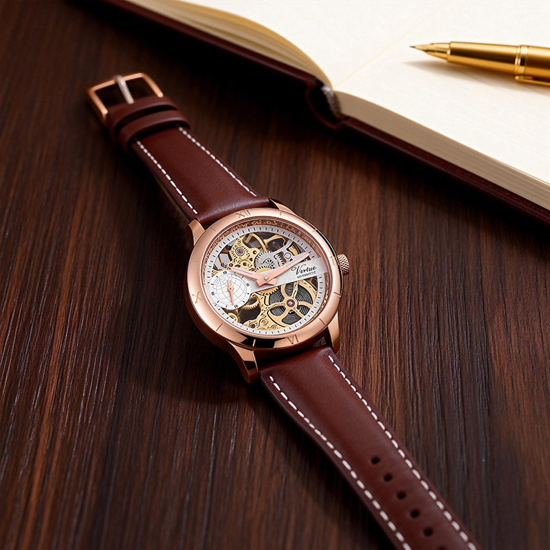 Мужские автоматические часы с циферблатом 43 мм, высококачественным деловым ремешком из натуральной кожи, корпусом из нержавеющей стали и механическим механизмом. - Virtue