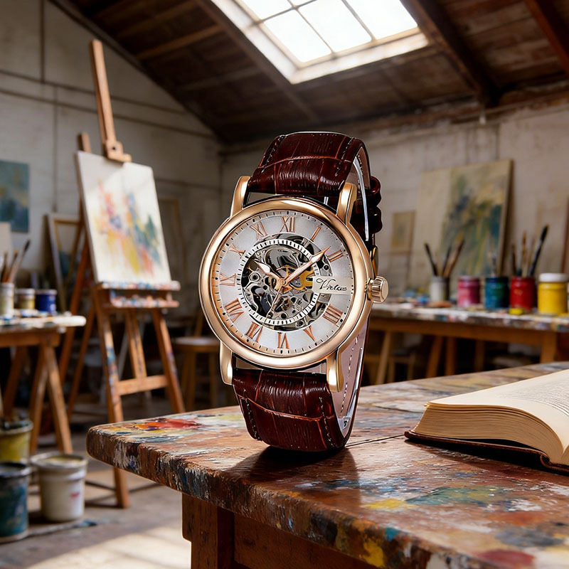 Мужские часы Virtue Skeleton Luxury Design с механическим механизмом, корпусом из сплава, кожаным ремешком, водонепроницаемостью, оптовая продажа, изготовление на заказ. - Virtue