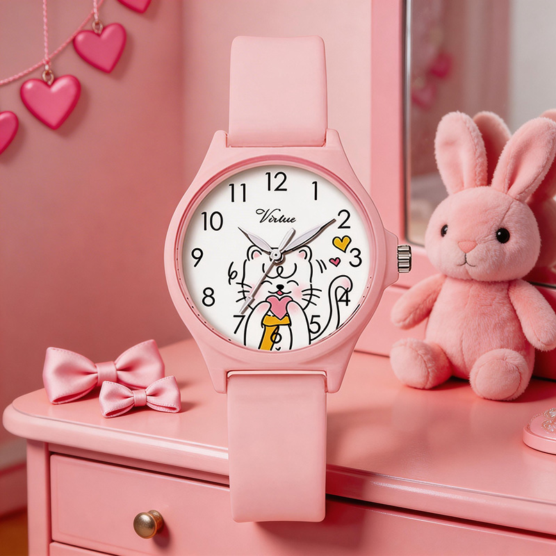 Новые модные круглые кварцевые спортивные часы для детей младшего школьного возраста с милым мультяшным котиком и кексом. - Virtue