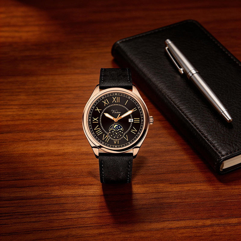 Мужские кварцевые часы Virtue Luxury Custom с ремешком из искусственной кожи, циферблатом со стрелками, водонепроницаемым корпусом из сплава, деловым и повседневным стилем, элегантным внешним видом. - Virtue